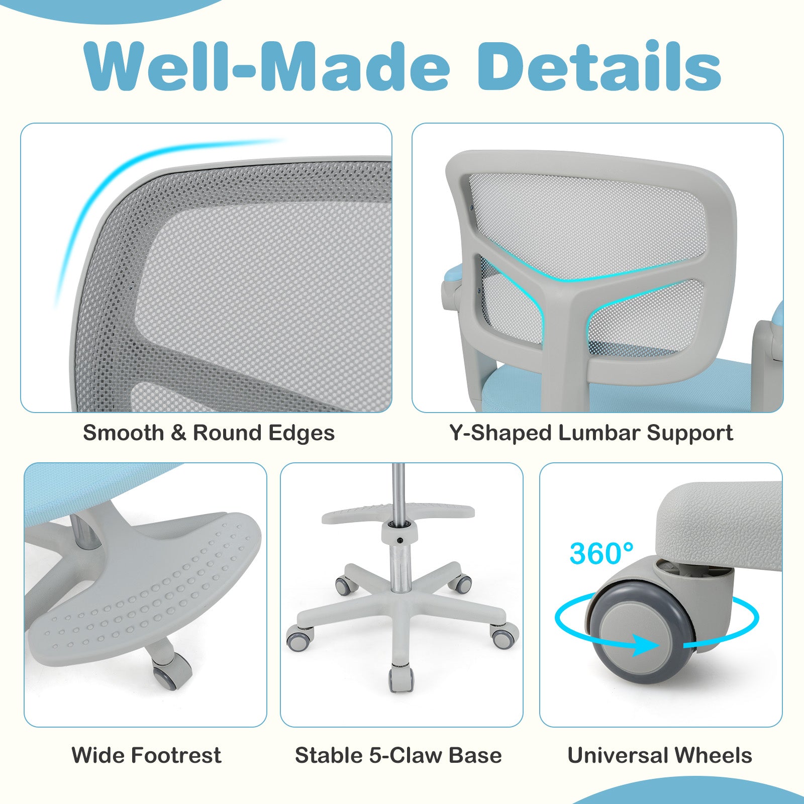 Kids Desk Chair Children Study Chair with Adjustable Height Armrest and Footrest, Blue Kids Chairs & Seating at Gallery Canada