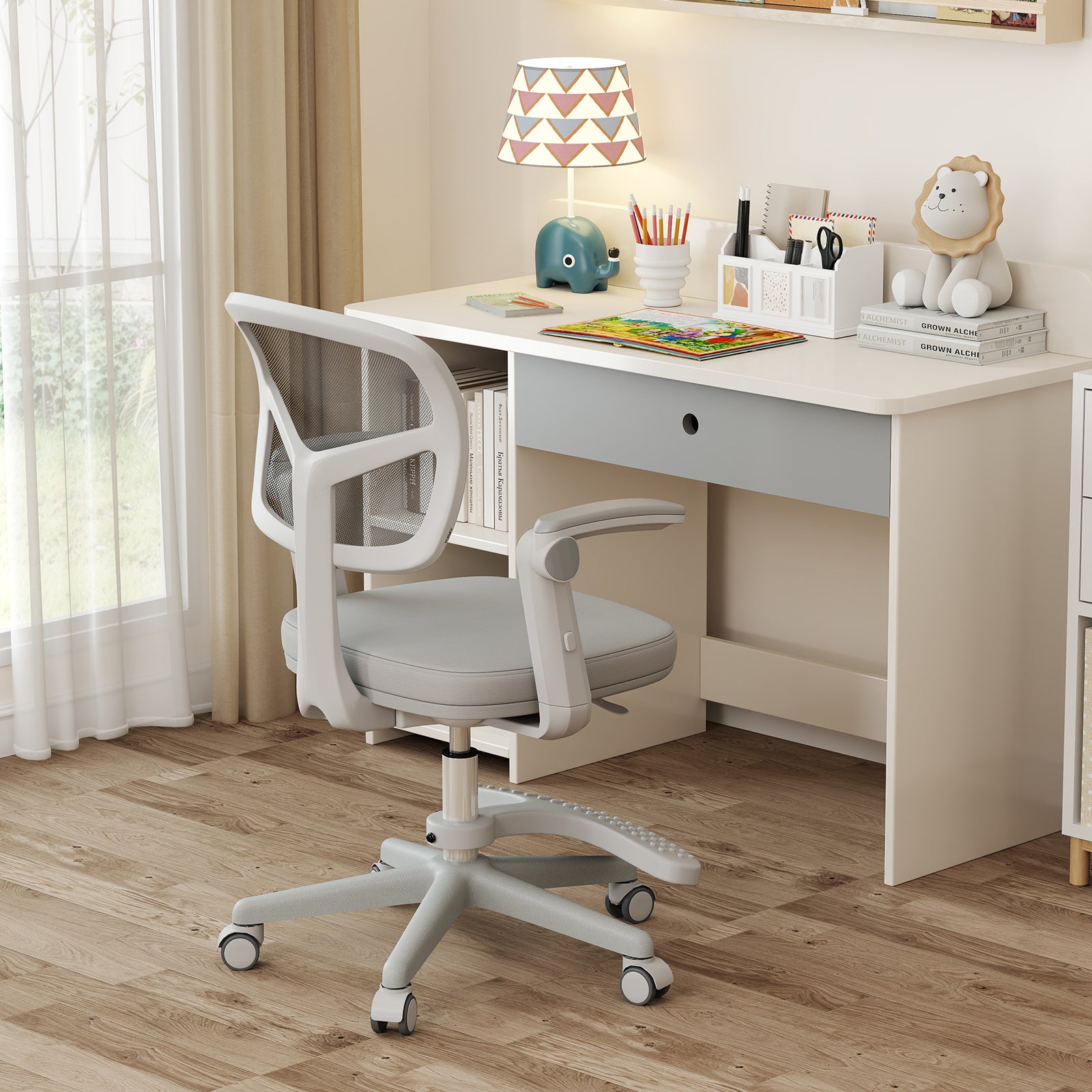 Kids Desk Chair Children Study Chair with Adjustable Height Armrest and Footrest-Grey, Gray Kids Chairs & Seating at Gallery Canada