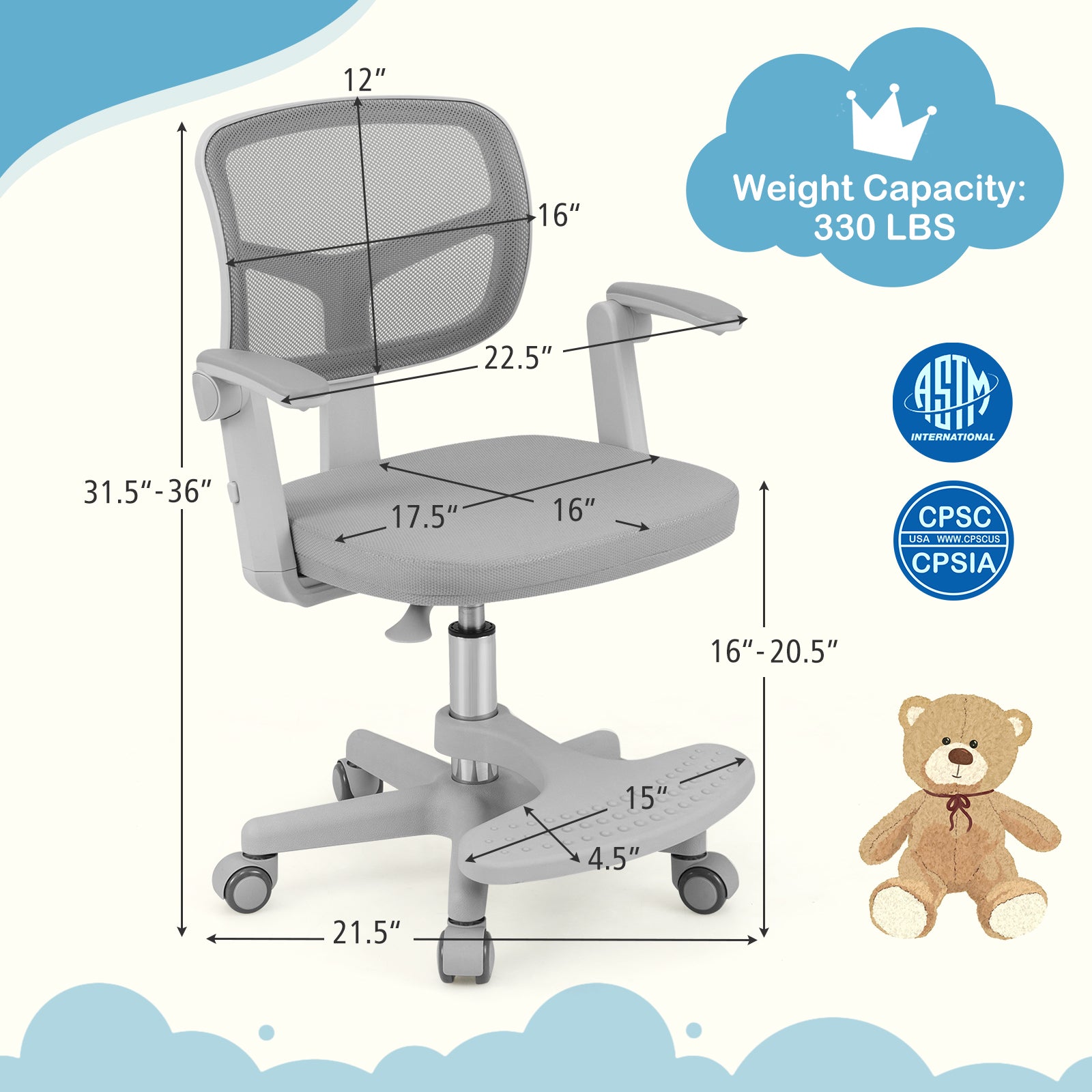 Kids Desk Chair Children Study Chair with Adjustable Height Armrest and Footrest-Grey, Gray Kids Chairs & Seating at Gallery Canada