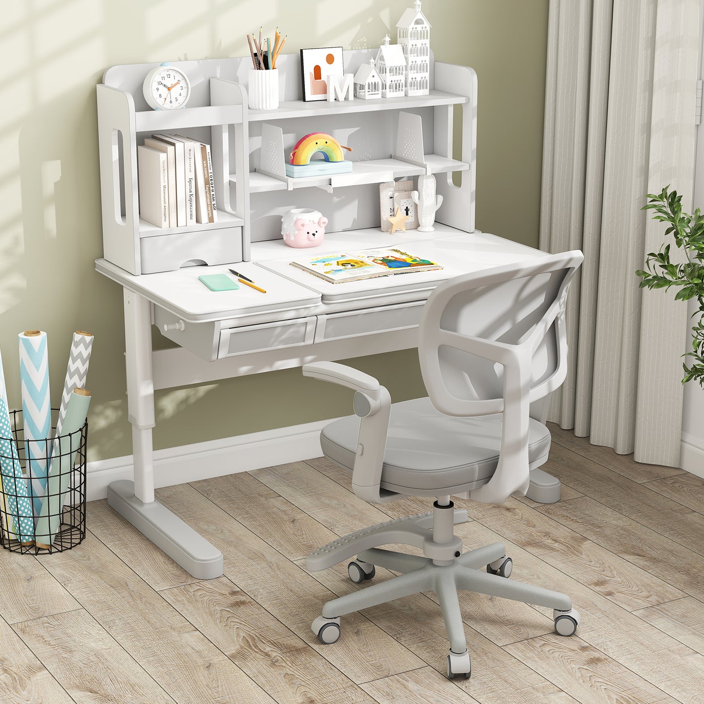 Kids Desk Chair Children Study Chair with Adjustable Height Armrest and Footrest-Grey, Gray Kids Chairs & Seating at Gallery Canada