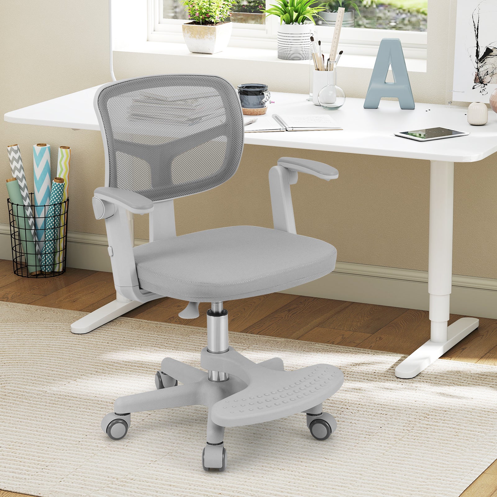 Kids Desk Chair Children Study Chair with Adjustable Height Armrest and Footrest-Grey, Gray Kids Chairs & Seating at Gallery Canada