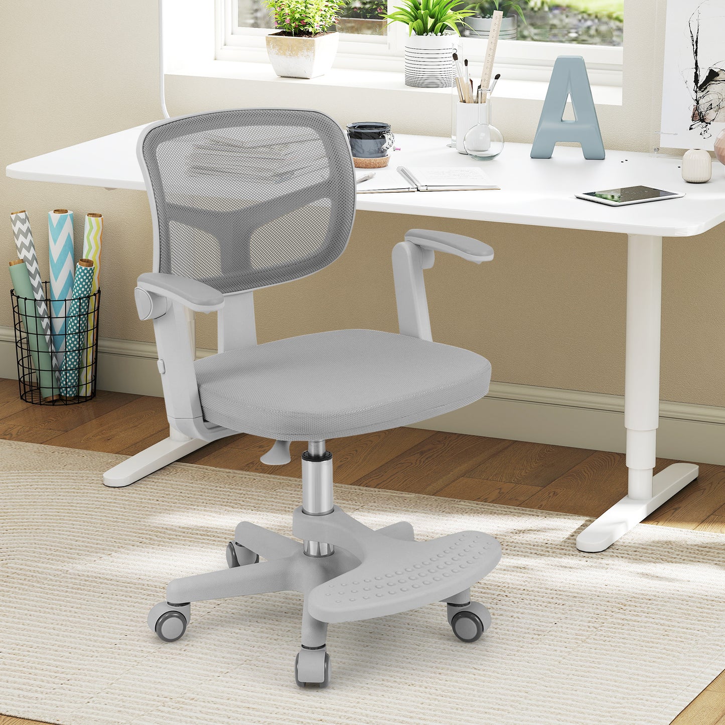 Kids Desk Chair Children Study Chair with Adjustable Height Armrest and Footrest-Grey, Gray Kids Chairs & Seating at Gallery Canada
