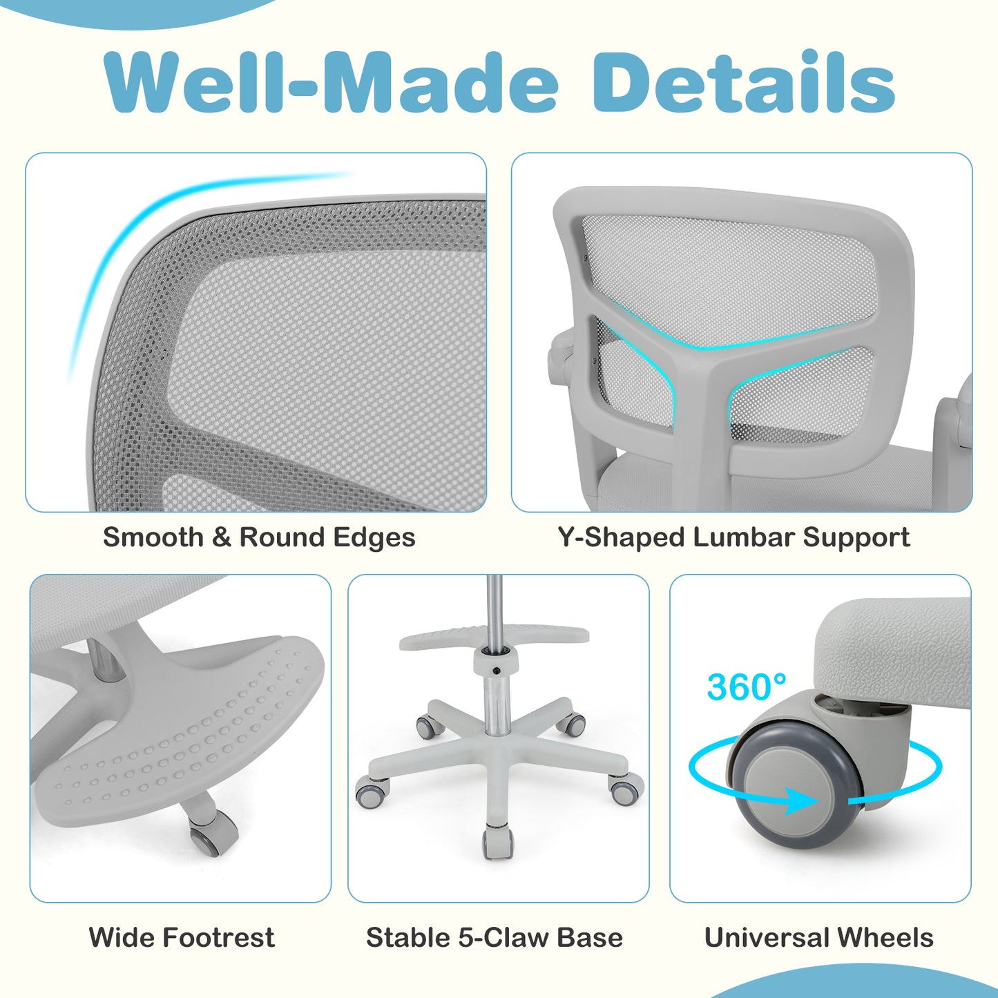 Kids Desk Chair Children Study Chair with Adjustable Height Armrest and Footrest-Grey, Gray Kids Chairs & Seating at Gallery Canada