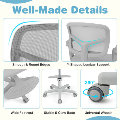 Kids Desk Chair Children Study Chair with Adjustable Height Armrest and Footrest-Grey, Gray Kids Chairs & Seating at Gallery Canada