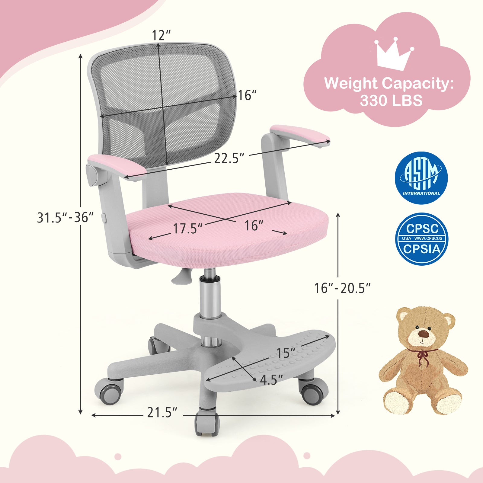 Kids Desk Chair Children Study Chair with Adjustable Height Armrest and Footrest, Pink Kids Chairs & Seating at Gallery Canada