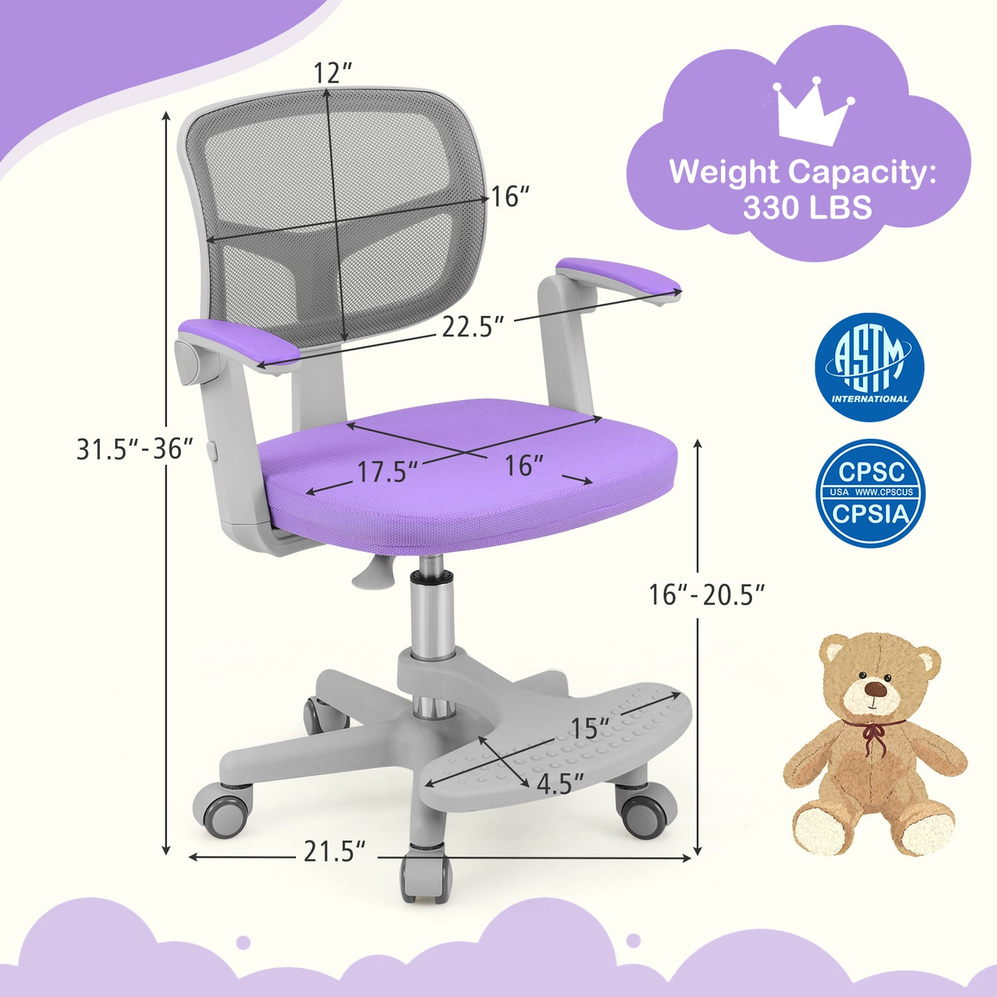 Kids Desk Chair Children Study Chair with Adjustable Height Armrest and Footrest, Purple Kids Chairs & Seating at Gallery Canada