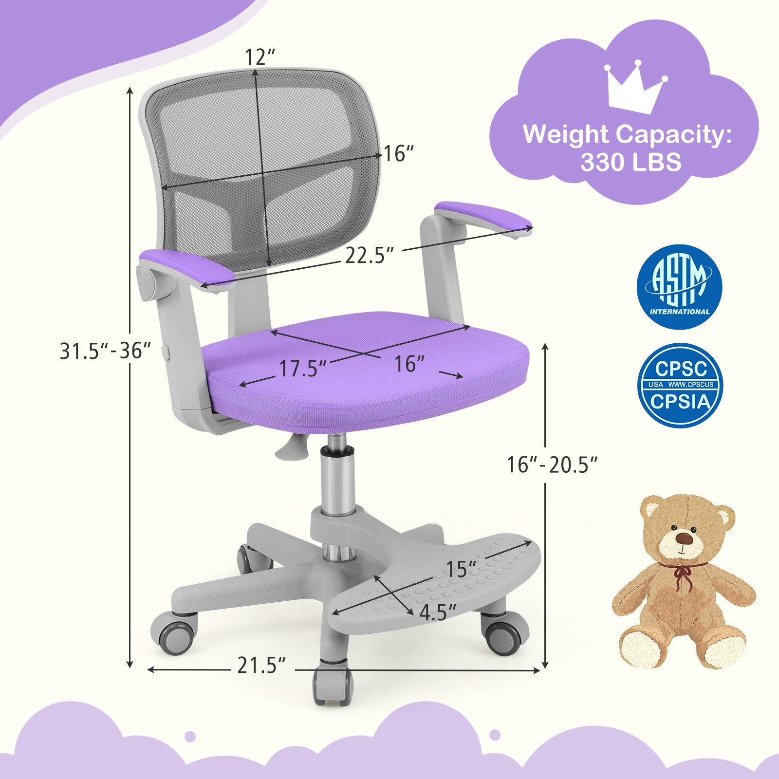 Kids Desk Chair Children Study Chair with Adjustable Height Armrest and Footrest, Purple Kids Chairs & Seating at Gallery Canada