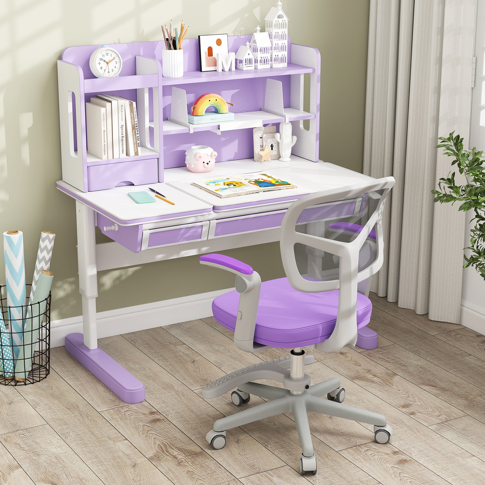 Kids Desk Chair Children Study Chair with Adjustable Height Armrest and Footrest, Purple Kids Chairs & Seating at Gallery Canada