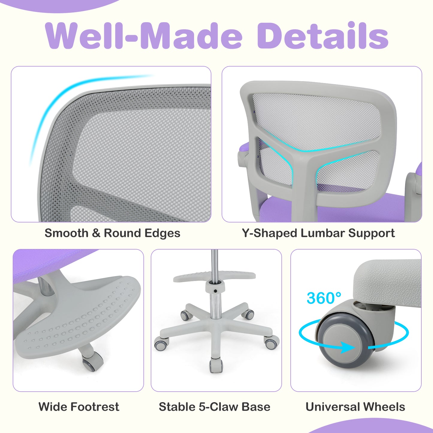 Kids Desk Chair, Adjustable Height, Armrest, Footrest, Purple Kids Chairs & Seating at Gallery Canada