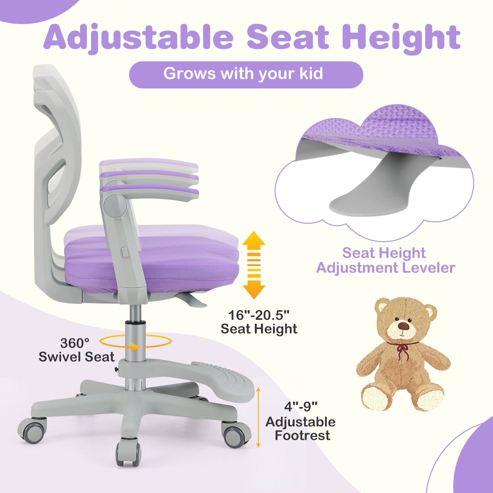 Kids Desk Chair Children Study Chair with Adjustable Height Armrest and Footrest, Purple Kids Chairs & Seating at Gallery Canada