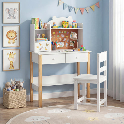 Kids Desk And Chair Set With Hutch, Bulletin Board, Drawers, White