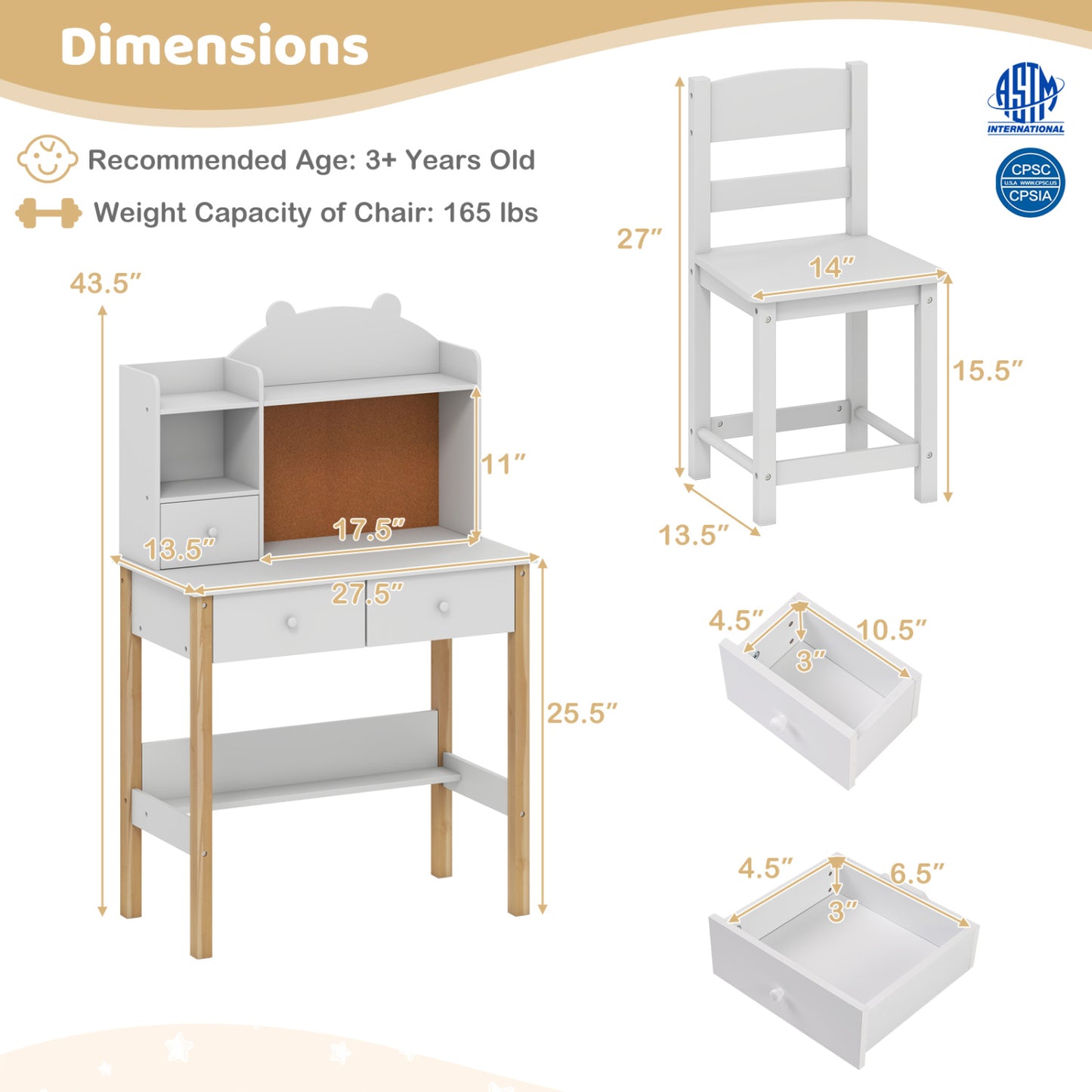 Kids Desk And Chair Set With Hutch, Bulletin Board, Drawers, White Kids Table & Chair Sets at Gallery Canada