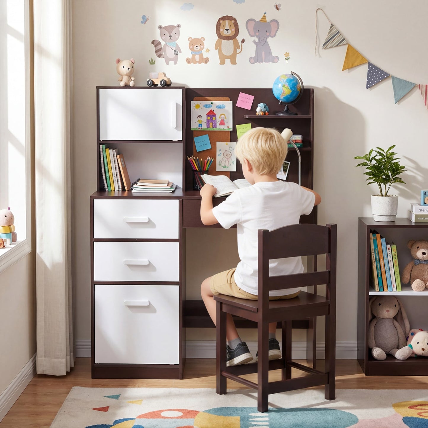 Ensemble chaise de bureau pour enfant, tableau d'affichage, 3 tiroirs, 2 armoires de rangement, brun rustique