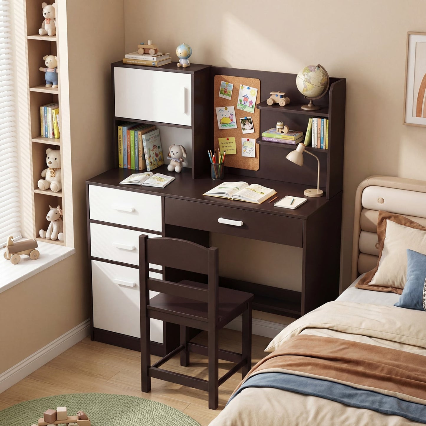 Ensemble chaise de bureau pour enfant, tableau d'affichage, 3 tiroirs, 2 armoires de rangement, brun rustique