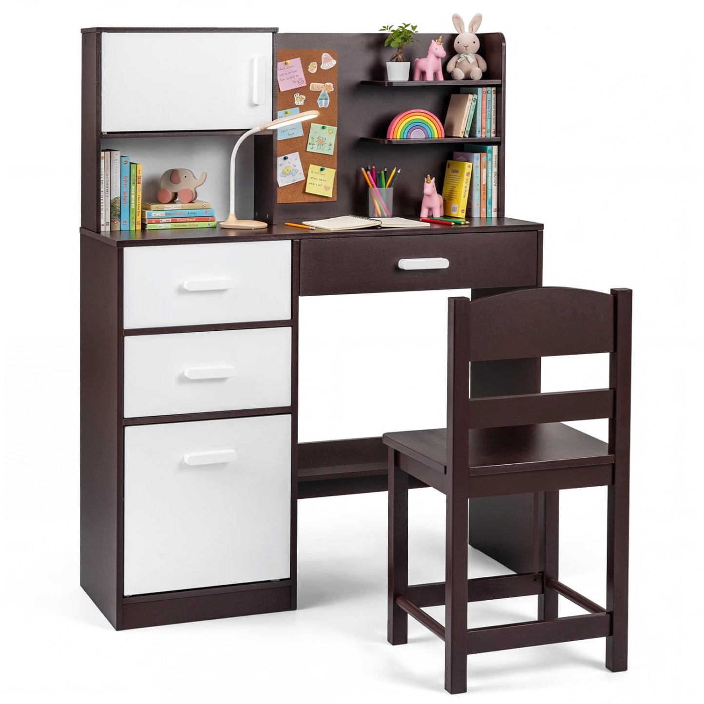 Ensemble chaise de bureau pour enfant, tableau d'affichage, 3 tiroirs, 2 armoires de rangement, brun rustique