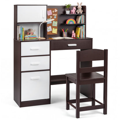 Ensemble chaise de bureau pour enfant, tableau d'affichage, 3 tiroirs, 2 armoires de rangement, brun rustique