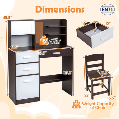 Ensemble chaise de bureau pour enfant, tableau d'affichage, 3 tiroirs, 2 armoires de rangement, brun rustique