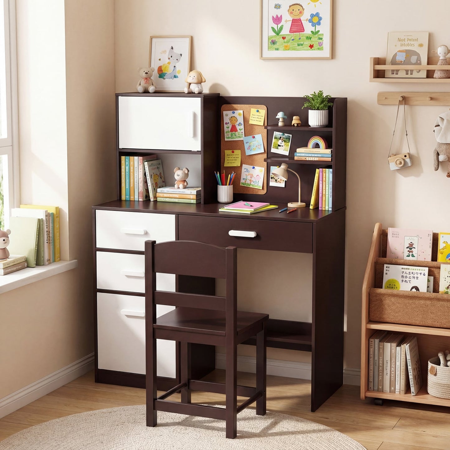 Ensemble chaise de bureau pour enfant, tableau d'affichage, 3 tiroirs, 2 armoires de rangement, brun rustique