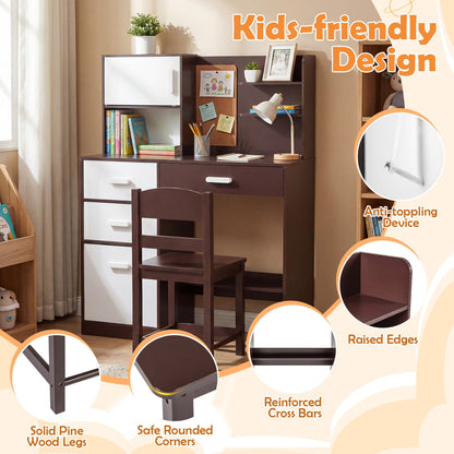 Ensemble chaise de bureau pour enfant, tableau d'affichage, 3 tiroirs, 2 armoires de rangement, brun rustique