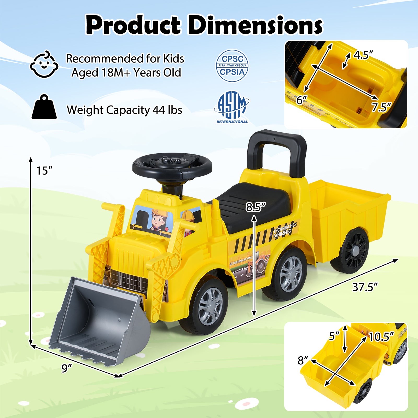 Kids Digger Ride on Truck with Shovel and Under-Seat Compartment Push & Pedal Ride On Toys at Gallery Canada