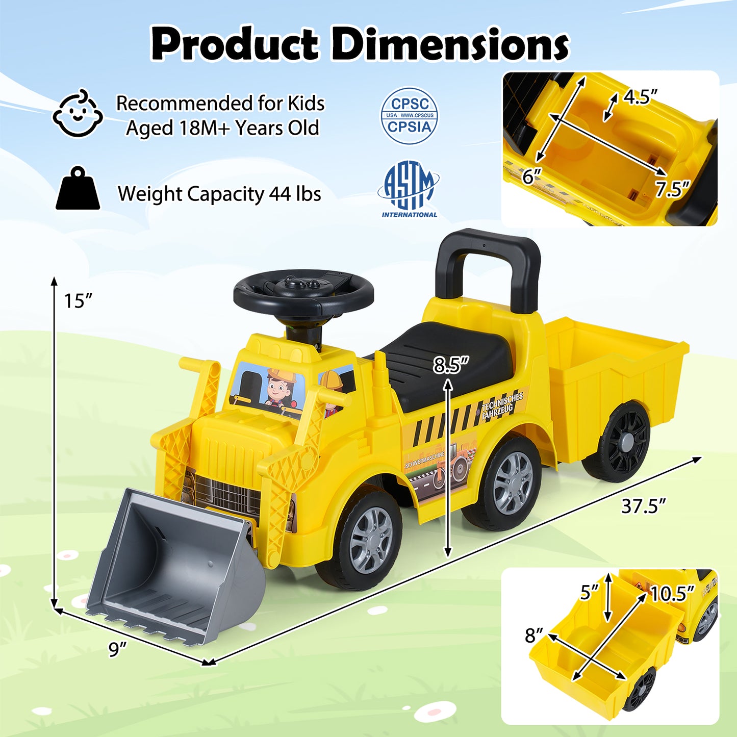 Kids Digger Ride on Truck with Shovel and Under-Seat Compartment Push & Pedal Ride On Toys at Gallery Canada