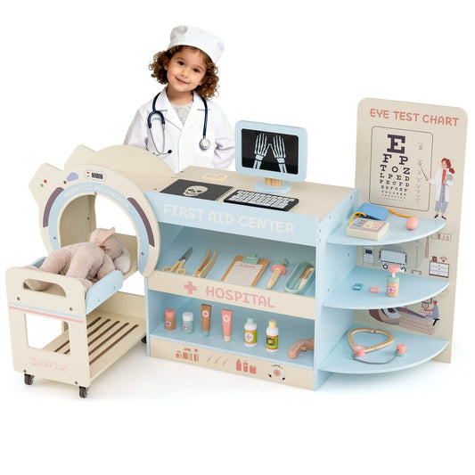Kids Doctor Play Set Wooden Pretend Hospital Office Kit with Eye Chart Toy CT Machine, Blue Play Kitchen Sets Blue at Gallery Canada