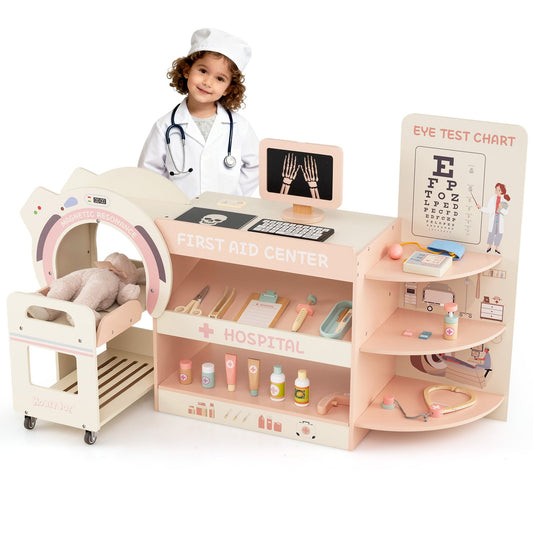 Kids Doctor Play Set Wooden Pretend Hospital Office Kit with Eye Chart Toy CT Machine, Pink Play Kitchen Sets Pink at Gallery Canada