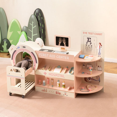 Kids Doctor Play Set, Wooden Hospital Office Kit, Pink