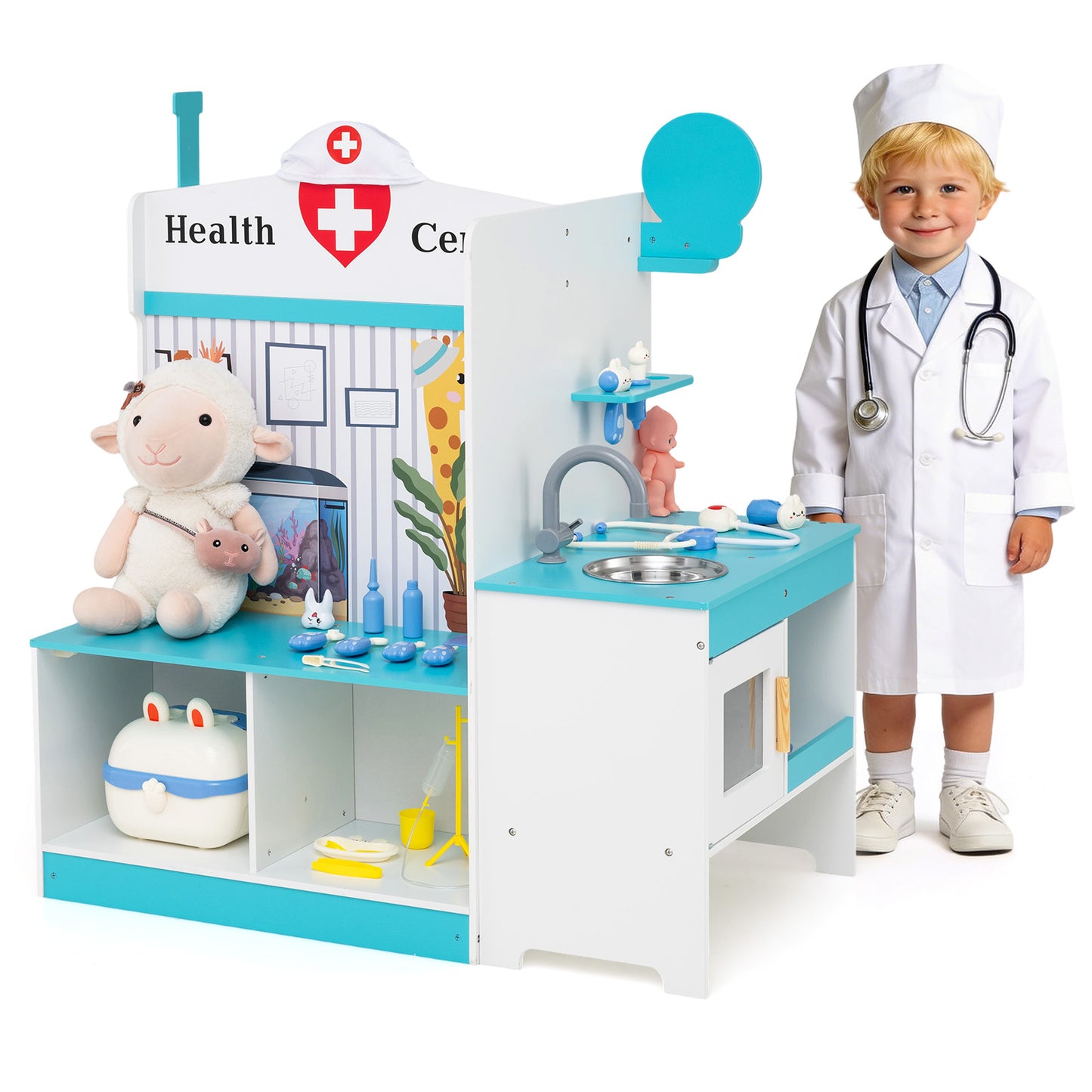 Kids Doctor Play Set with Adjustable Height Bar, Blue