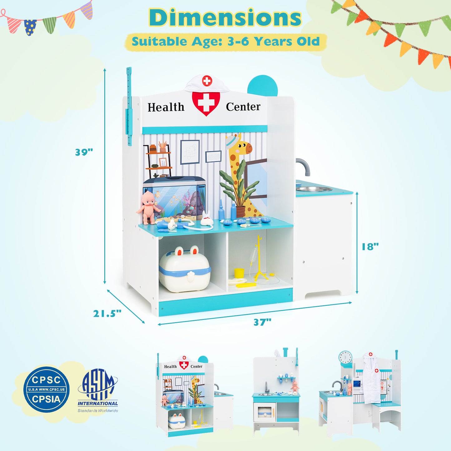 Kids Doctor Play Set with Adjustable Height Bar, Blue