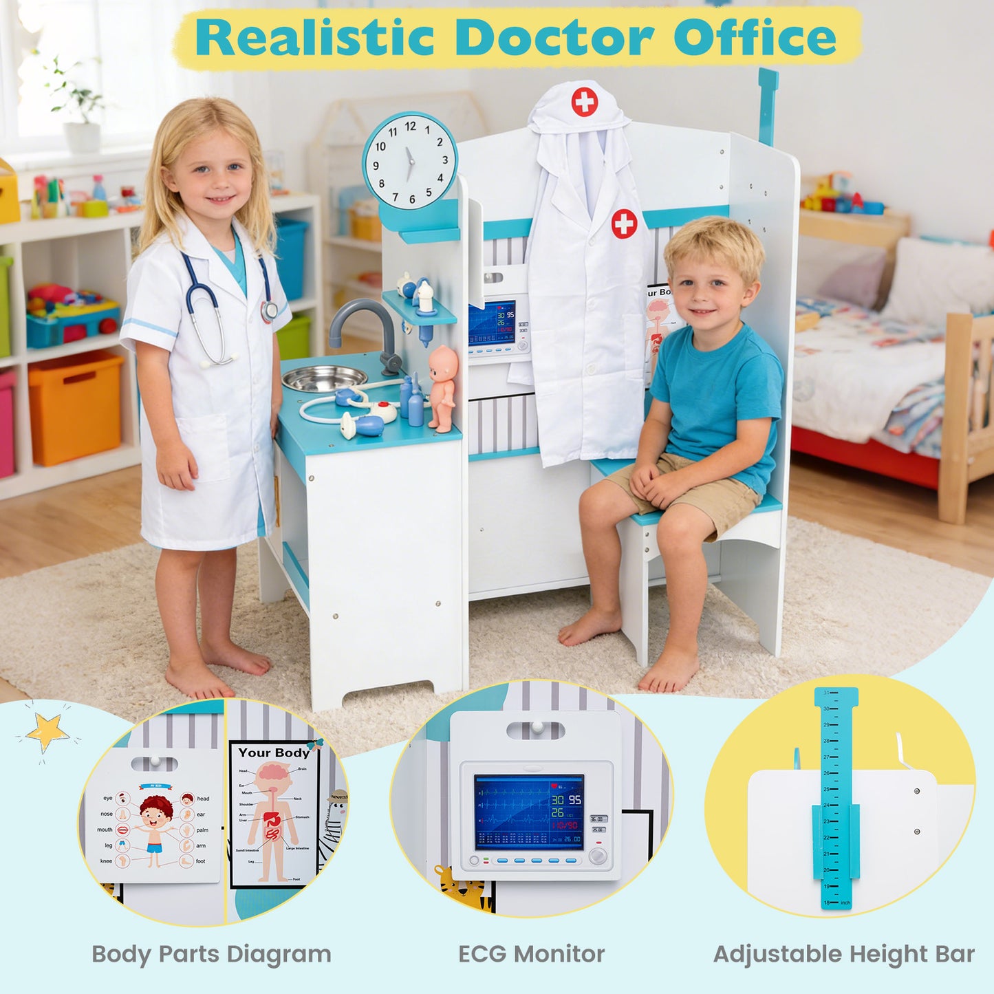 Kids Doctor Play Set with Adjustable Height Bar, Blue
