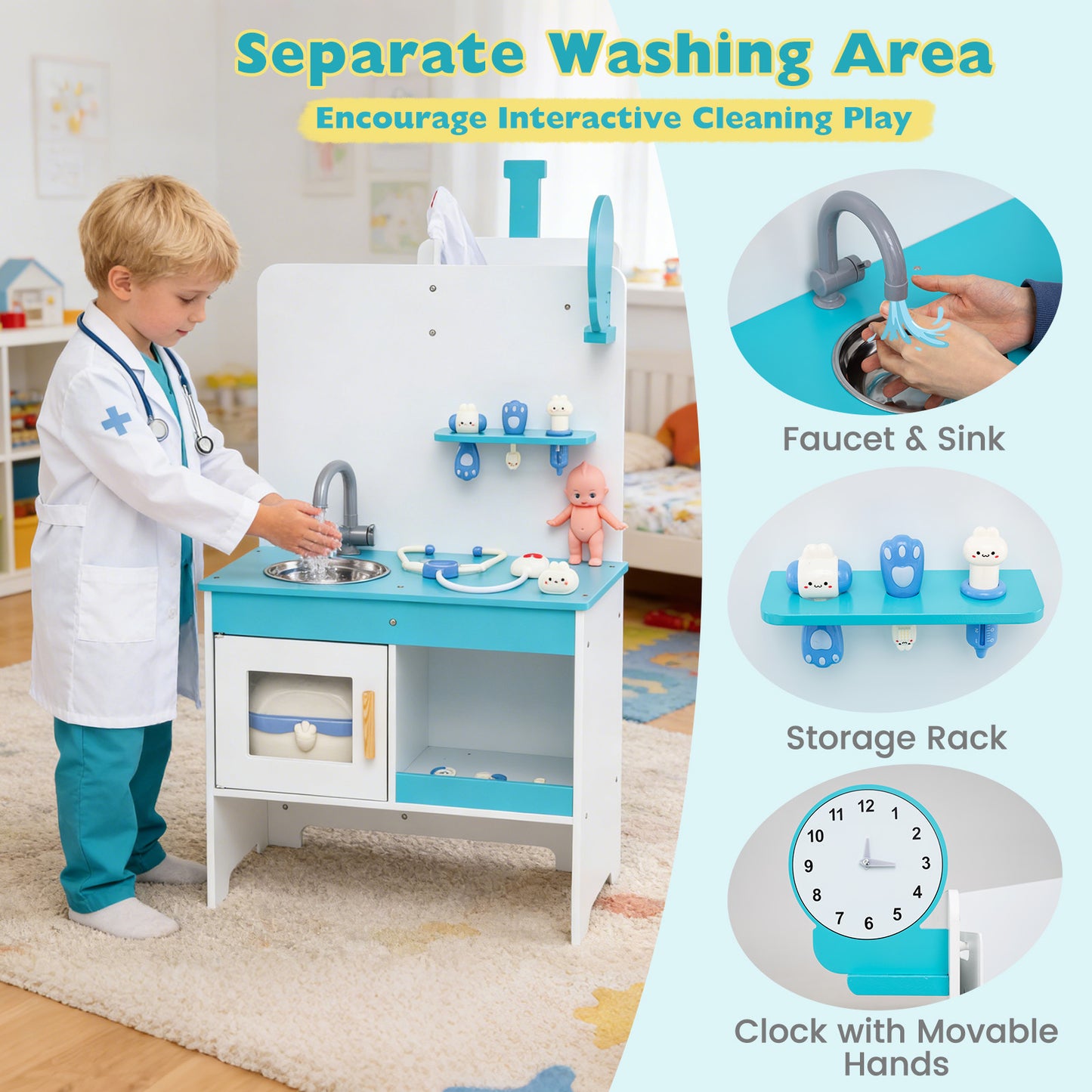 Kids Doctor Play Set with Adjustable Height Bar, Blue