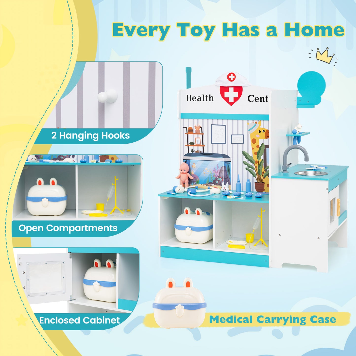 Kids Doctor Play Set with Adjustable Height Bar, Blue