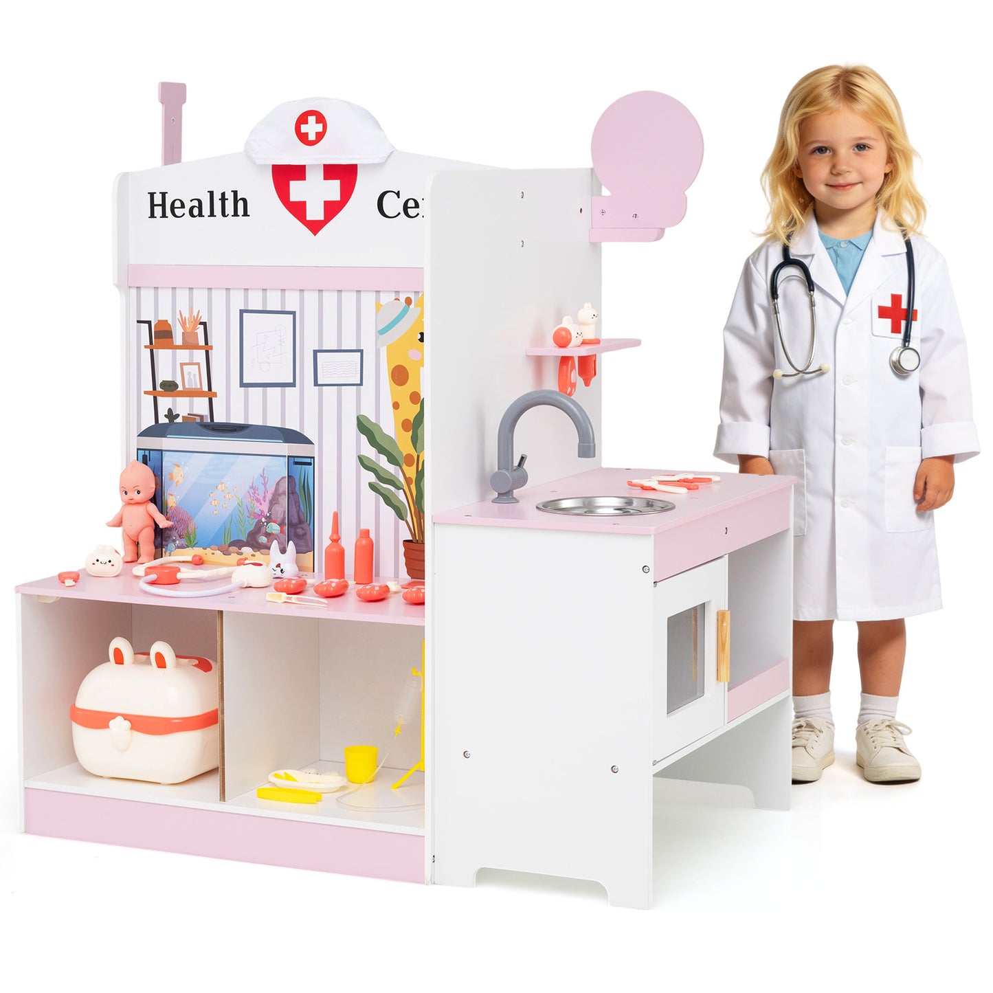 Kids Doctor Play Set with Adjustable Height Bar, Pink