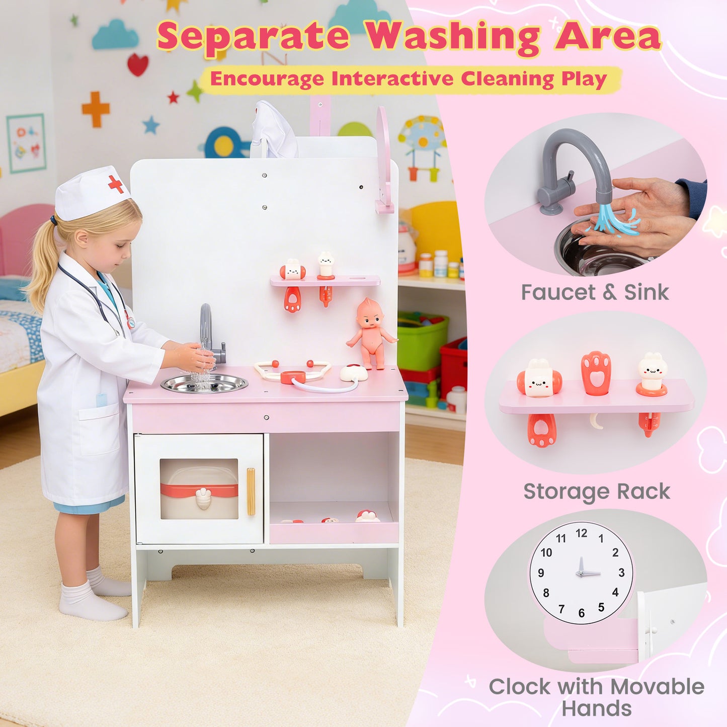 Kids Doctor Play Set with Adjustable Height Bar, Pink