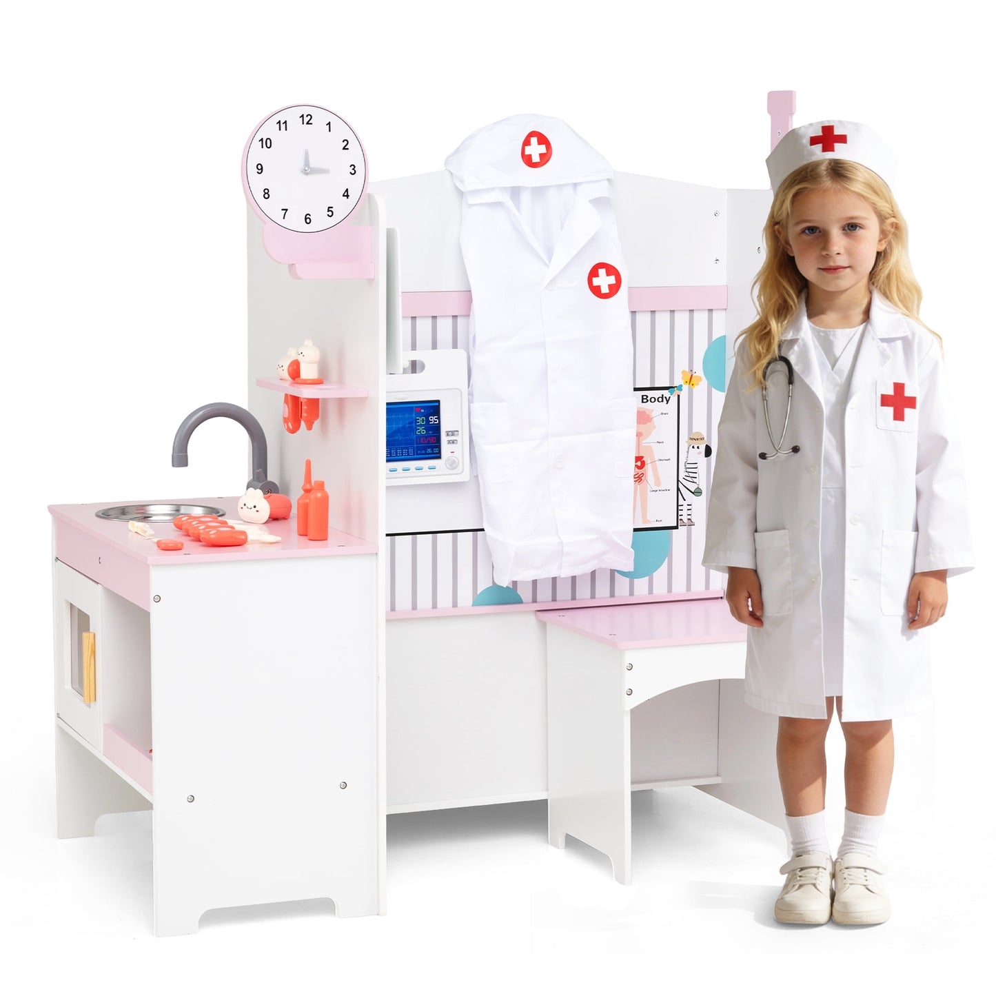 Kids Doctor Play Set with Adjustable Height Bar, Pink Play Kitchen Sets at Gallery Canada