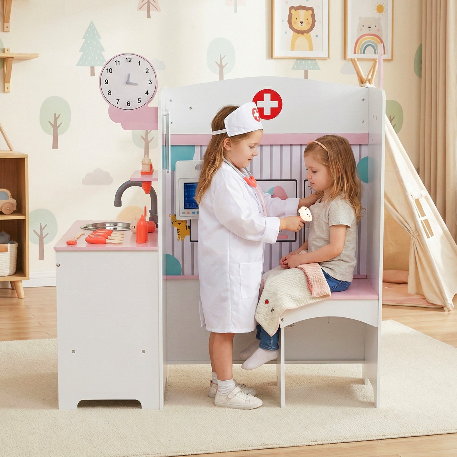 Kids Doctor Play Set with Adjustable Height Bar, Pink Play Kitchen Sets at Gallery Canada