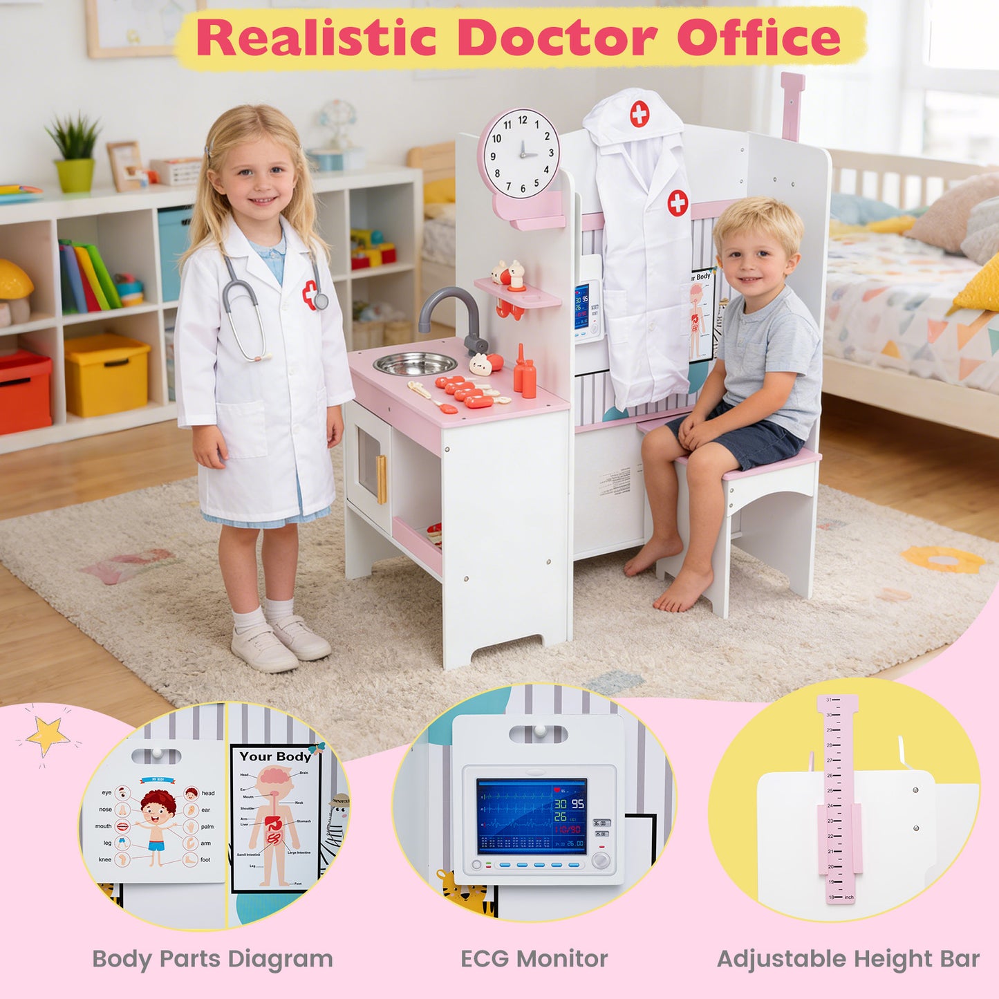 Kids Doctor Play Set with Adjustable Height Bar, Pink Play Kitchen Sets at Gallery Canada