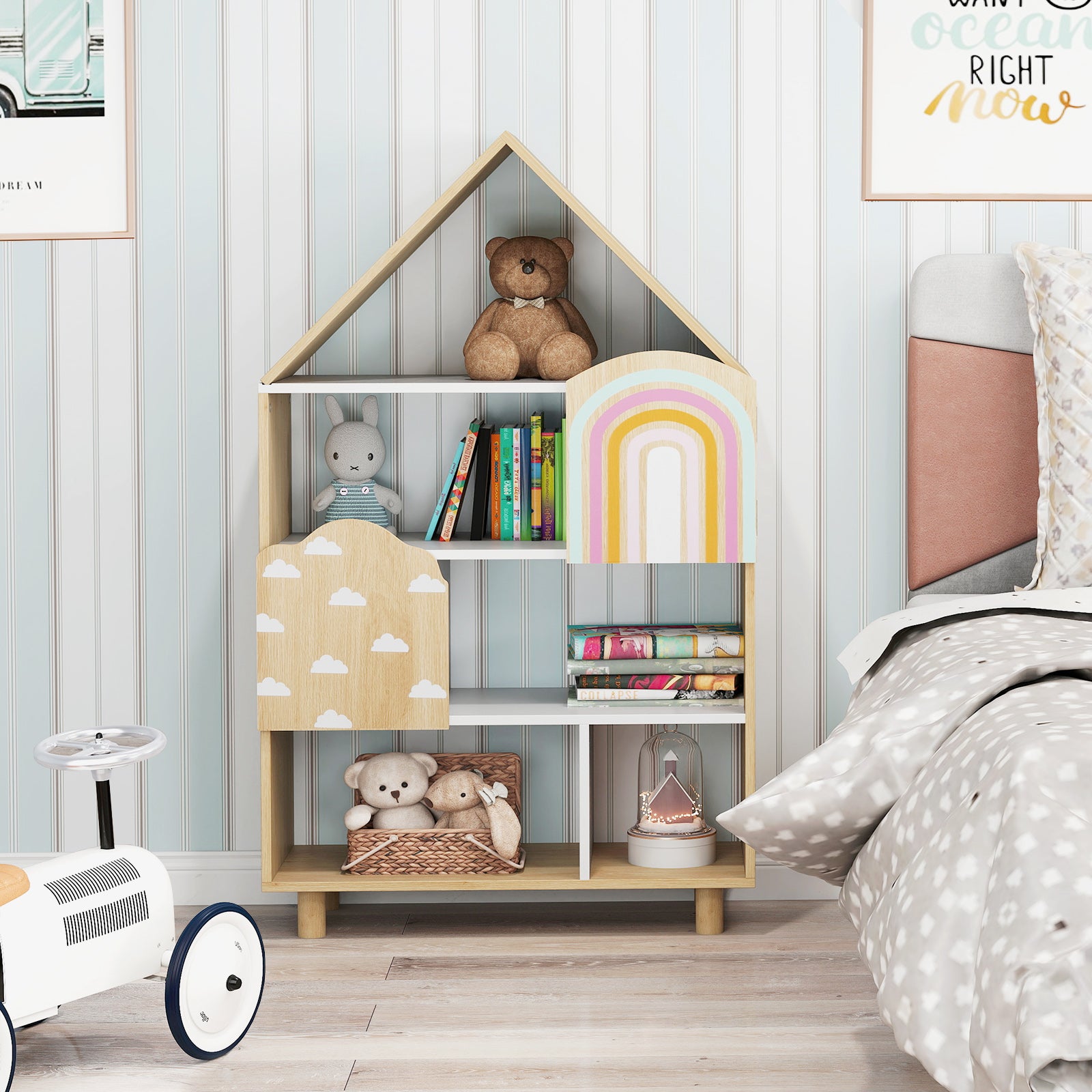 Kids Dollhouse Bookshelf House-shaped Bookcase Children Toy Storage Organizer, Natural Kids Storage at Gallery Canada