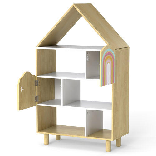 Kids Dollhouse Bookshelf, House-Shaped Bookcase, Natural