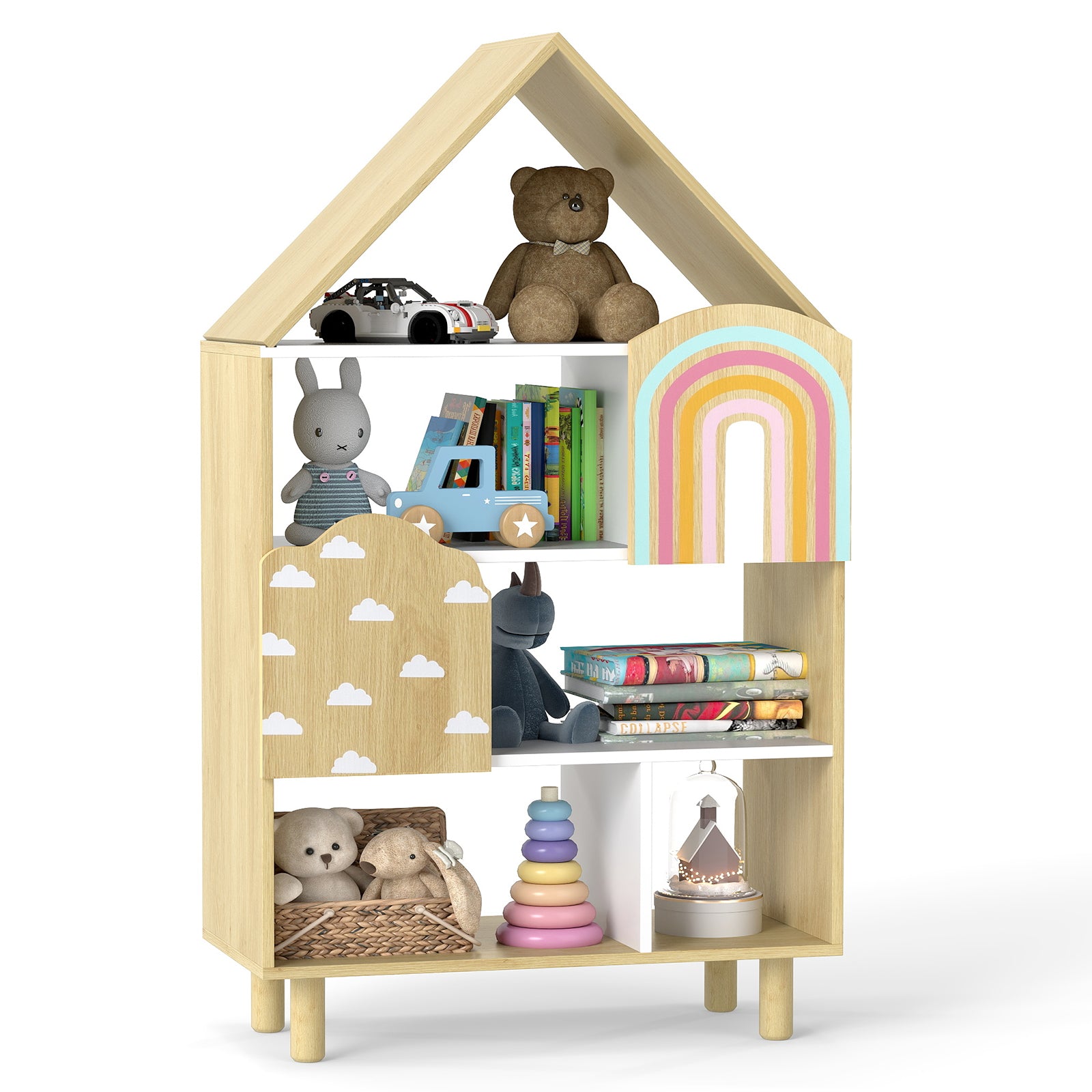 Kids Dollhouse Bookshelf House-shaped Bookcase Children Toy Storage Organizer, Natural Kids Storage at Gallery Canada