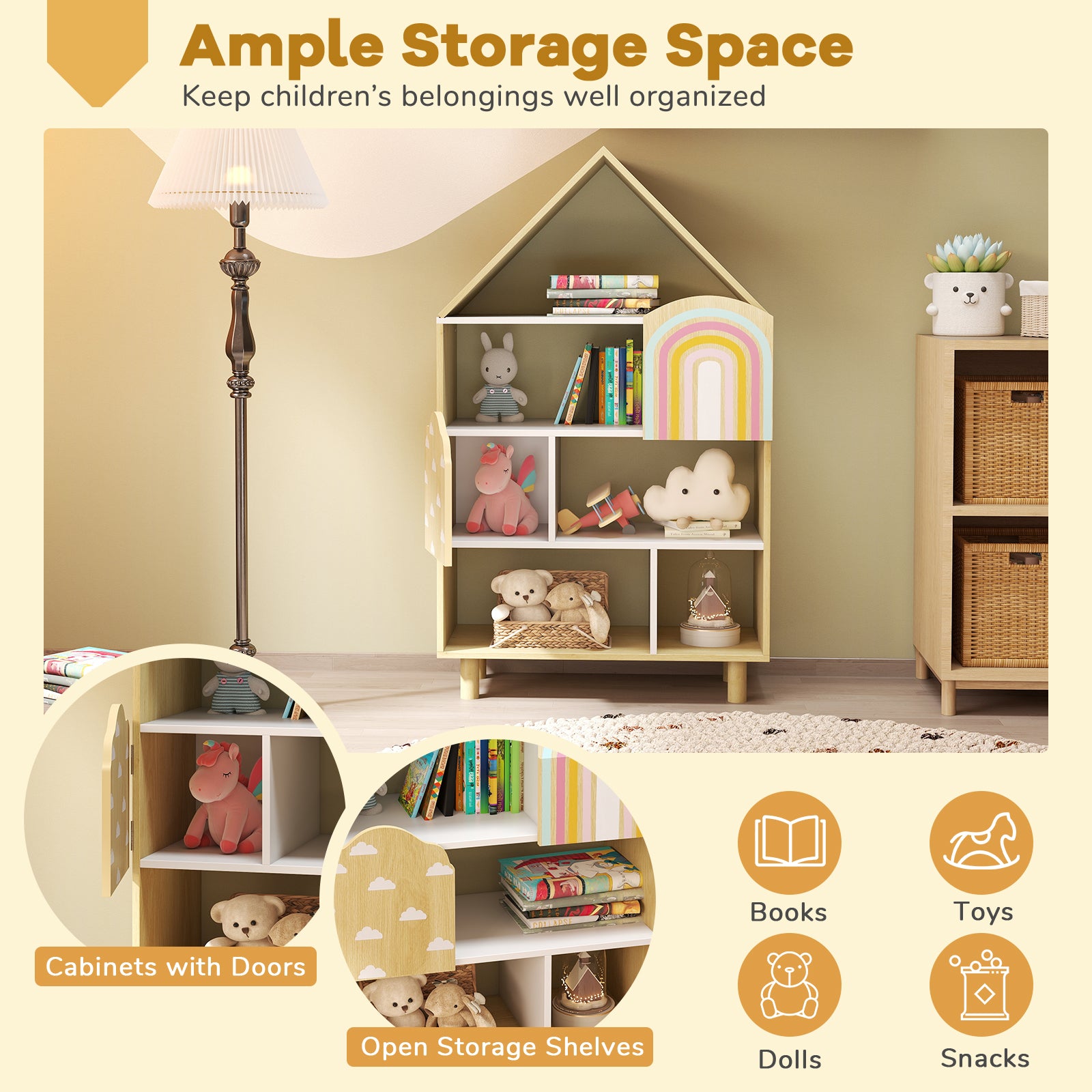 Kids Dollhouse Bookshelf House-shaped Bookcase Children Toy Storage Organizer, Natural Kids Storage at Gallery Canada