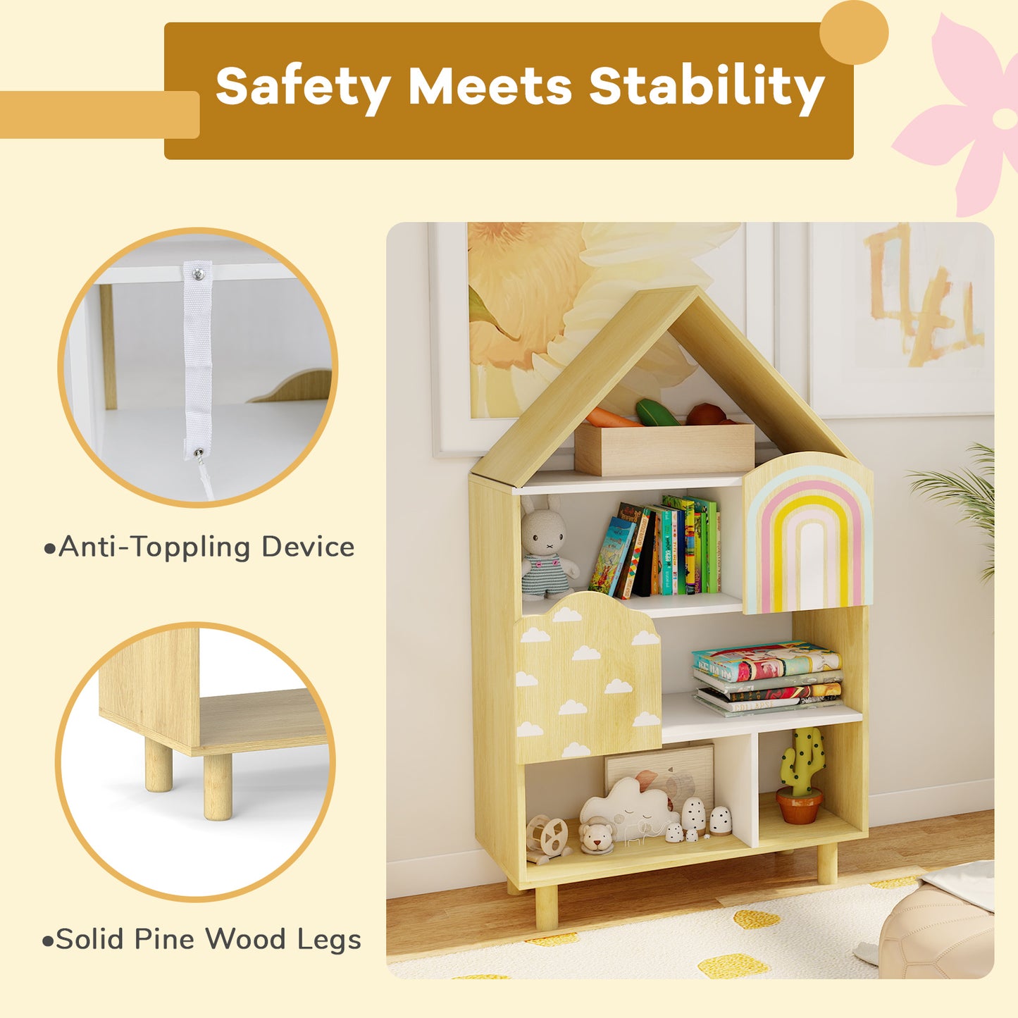 Kids Dollhouse Bookshelf House-shaped Bookcase Children Toy Storage Organizer, Natural Kids Storage at Gallery Canada
