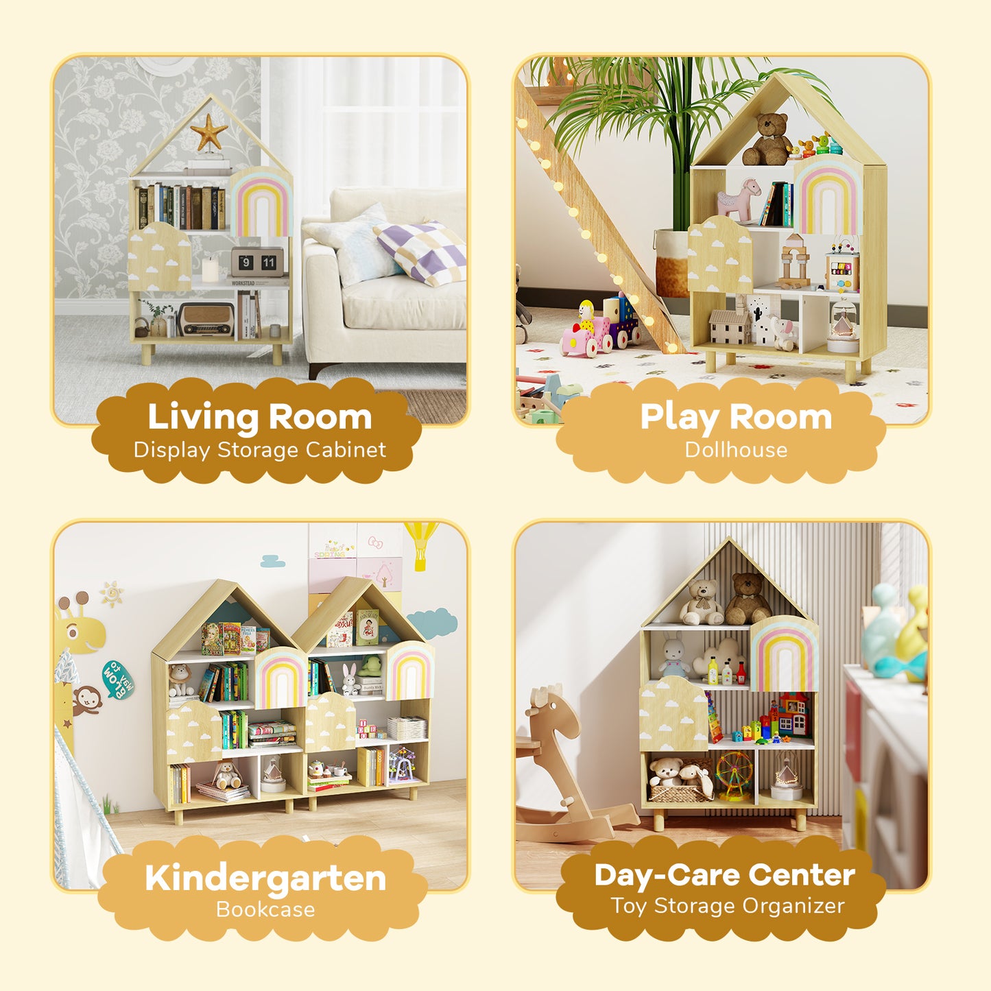 Kids Dollhouse Bookshelf House-shaped Bookcase Children Toy Storage Organizer, Natural Kids Storage at Gallery Canada