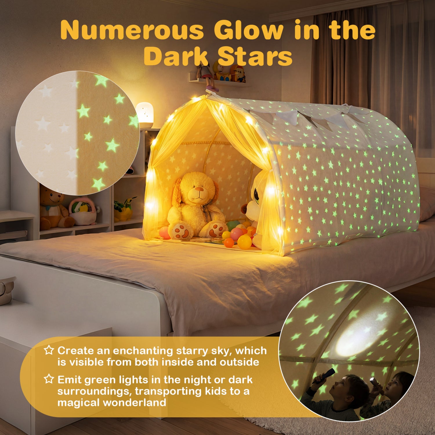 Kids Dream Bed Tent, Twin Bunk Bed, Glow Dark Stars, Lights, Beige Play Tents & Playhouse at Gallery Canada