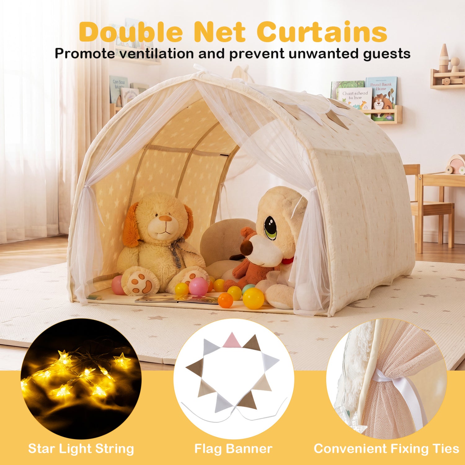Kids Dream Bed Tent, Twin Bunk Bed, Glow Dark Stars, Lights, Beige Play Tents & Playhouse at Gallery Canada