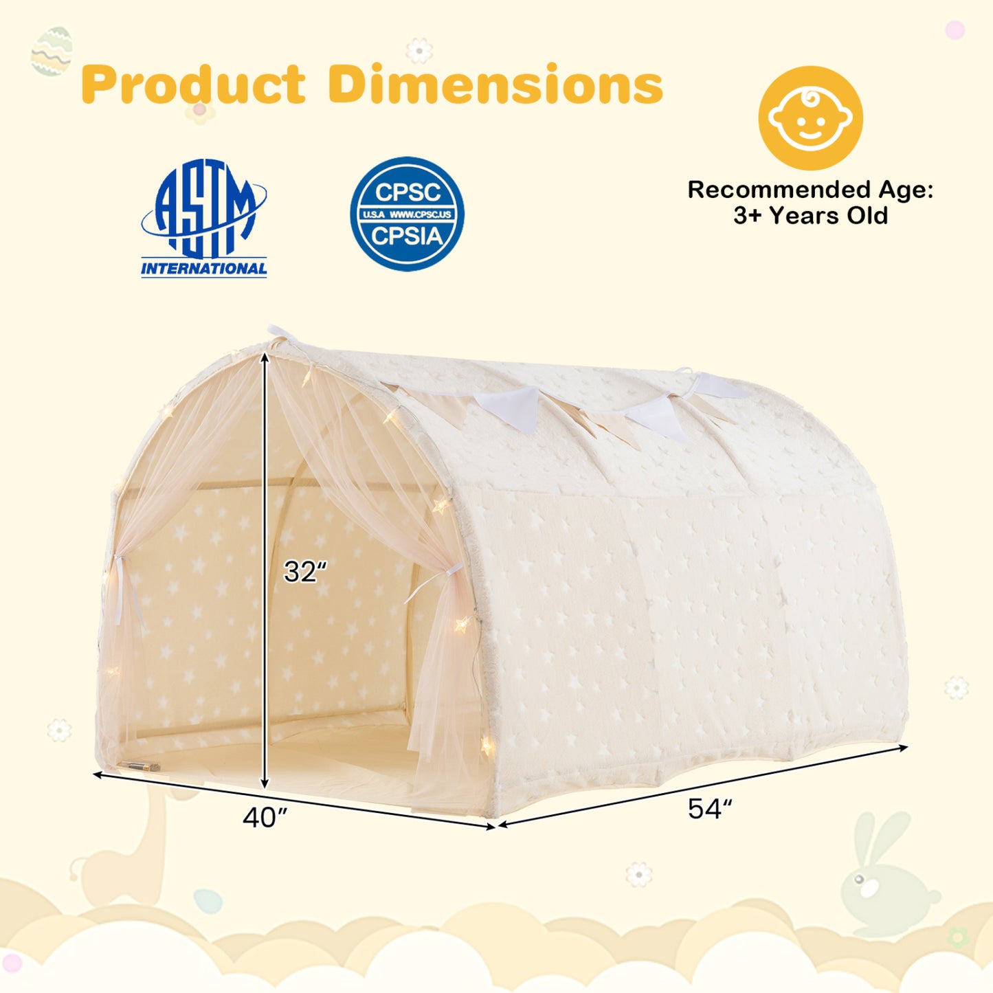 Kids Dream Bed Tent, Twin Bunk Bed, Glow Dark Stars, Lights, Beige Play Tents & Playhouse at Gallery Canada