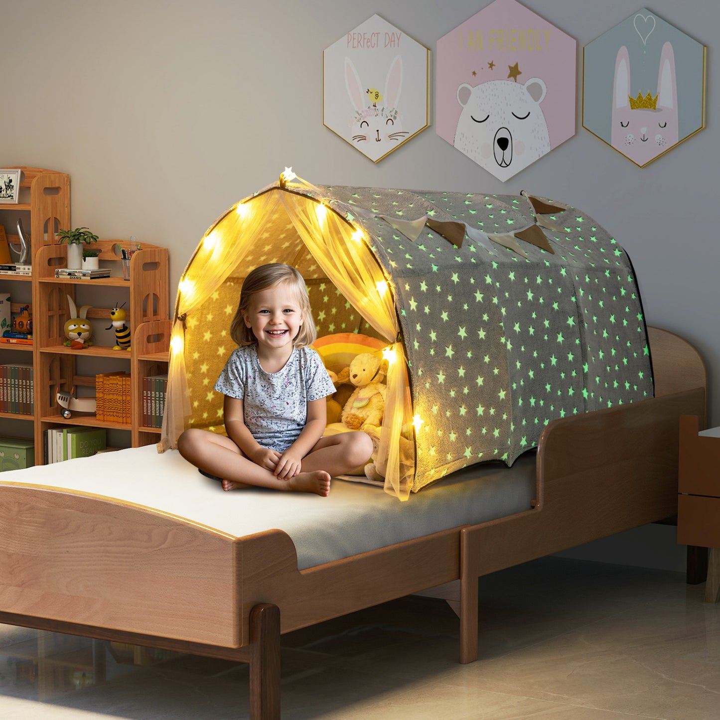 Kids Dream Bed Tent, Twin Size, Glow In The Dark Stars, Gray