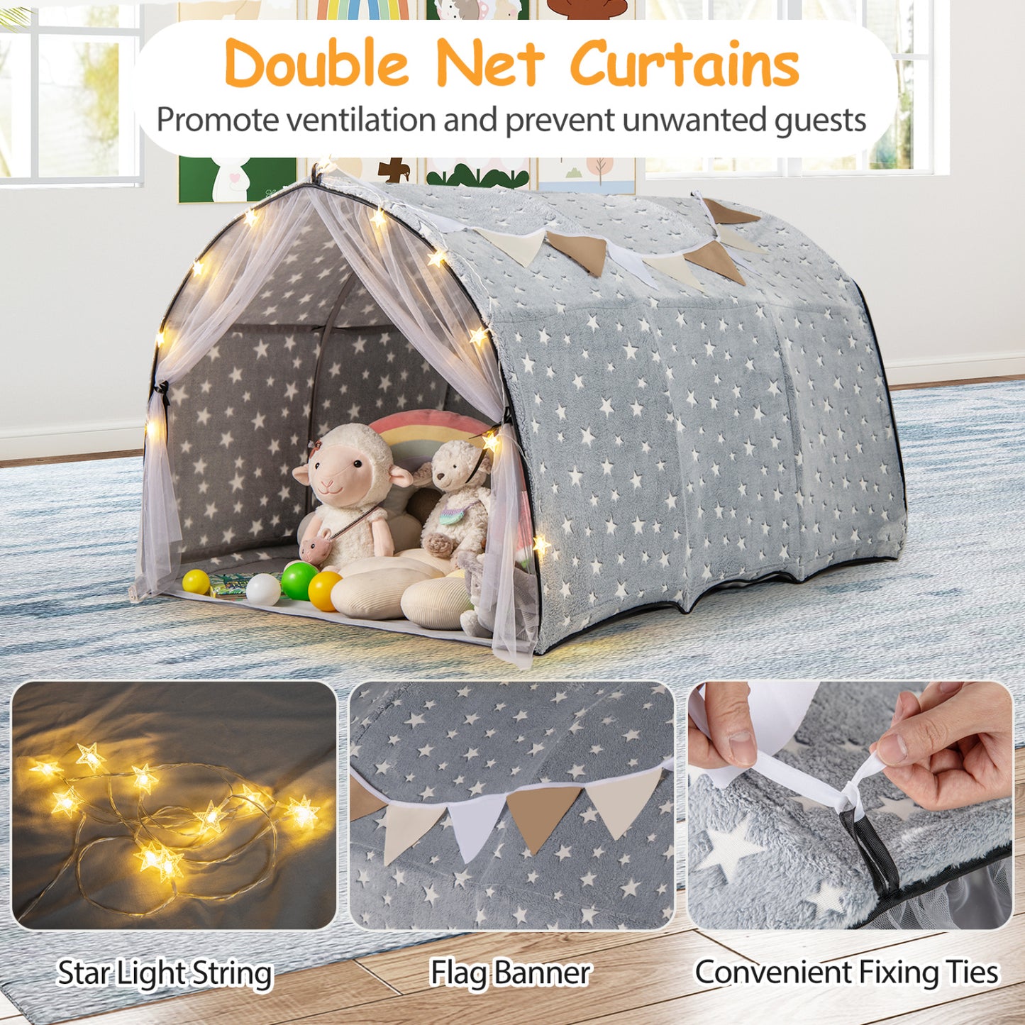 Kids Dream Bed Tent, Twin Size, Glow In The Dark Stars, Gray