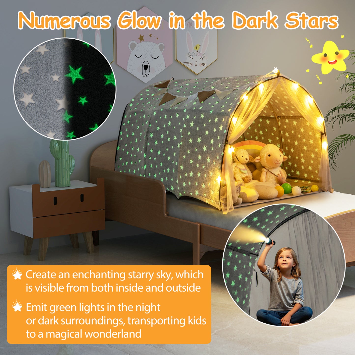 Kids Dream Bed Tent, Twin Size, Glow In The Dark Stars, Gray